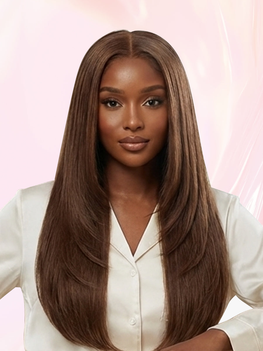 LC LUCXRY HAIR 100% REAL HUMAN HAIR Straight Chocolate Brown Color Layered Cut Wear Go Glueless Wig