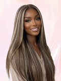 LC LUCXRY HAIR 100%REAL HUMAN HAIR Pre-cut Lace Brown Wig With Blonde Highlight Wear Go Glueless Wig Straight 7x5 Lace Wig Preplucked with Natural Hairline
