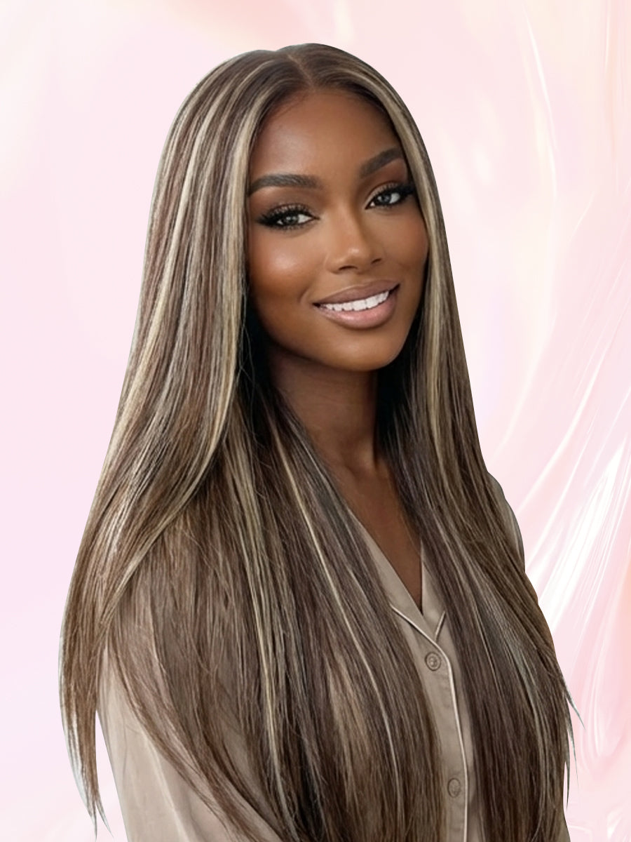 LC LUCXRY HAIR 100%REAL HUMAN HAIR Pre-cut Lace Brown Wig With Blonde Highlight Wear Go Glueless Wig Straight 7x5 Lace Wig Preplucked with Natural Hairline