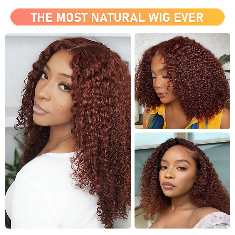 LC LUXURY HAIR 220% Full Volume Kinky Curly Wig – Reddish Brown | 13x6 HD Lace Frontal Glueless Wig | Pre-Bleached Knots, Pre-Cut Lace, Drawstring Cap