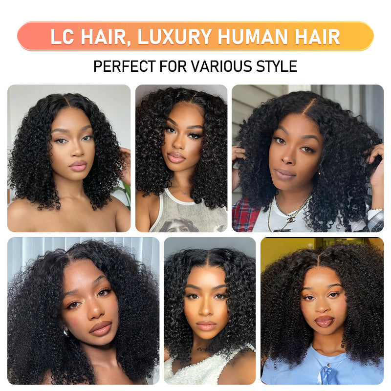 LC LUXURY HAIR 250% Full Volume Kinky Curly Wig – Natural Black | 13x6 HD Lace Frontal Glueless Wig | Pre-Bleached Knots, Pre-Cut Lace, Drawstring Cap