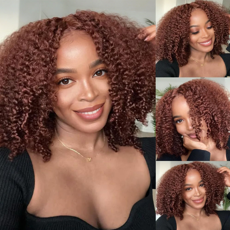 LC LUXURY HAIR 220% Full Volume Kinky Curly Wig – Reddish Brown | 13x6 HD Lace Frontal Glueless Wig | Pre-Bleached Knots, Pre-Cut Lace, Drawstring Cap