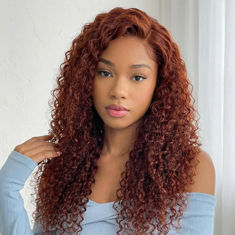 LC LUXURY HAIR 220% Full Volume Kinky Curly Wig – Reddish Brown | 13x6 HD Lace Frontal Glueless Wig | Pre-Bleached Knots, Pre-Cut Lace, Drawstring Cap