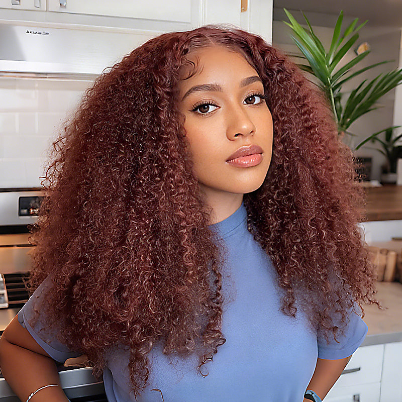 LC LUXURY HAIR 220% Full Volume Kinky Curly Wig – Reddish Brown | 13x6 HD Lace Frontal Glueless Wig | Pre-Bleached Knots, Pre-Cut Lace, Drawstring Cap