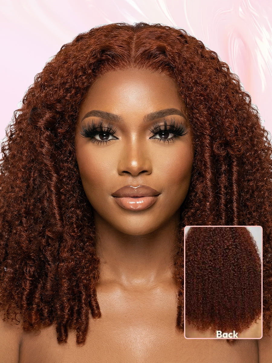 LC LUXURY HAIR 220% Full Volume Kinky Curly Wig – Reddish Brown | 13x6 HD Lace Frontal Glueless Wig | Pre-Bleached Knots, Pre-Cut Lace, Drawstring Cap