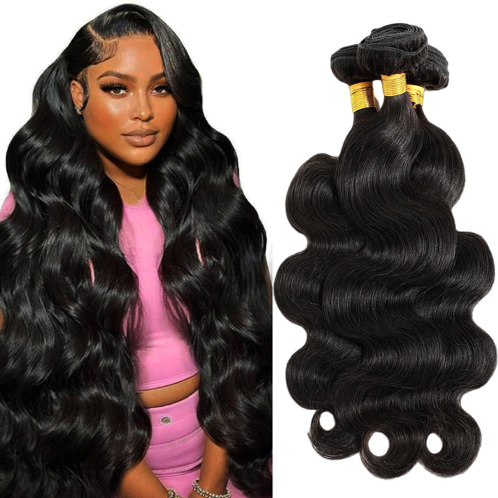 Lace Closure with Body Wave 3/4-Piece Bundles  100% Unprocessed Brazilian Virgin Hair Quick Weave Extensions Natural Black Budget Friendly
