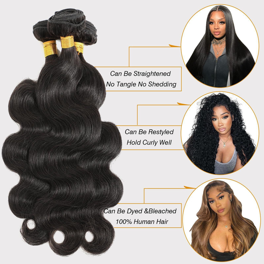 Lace Closure with Body Wave 3/4-Piece Bundles  100% Unprocessed Brazilian Virgin Hair Quick Weave Extensions Natural Black Budget Friendly